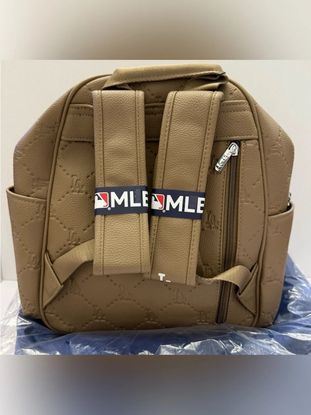 MLB PU Leather LA Dodgers  Beige Logo Embroidered Backpack